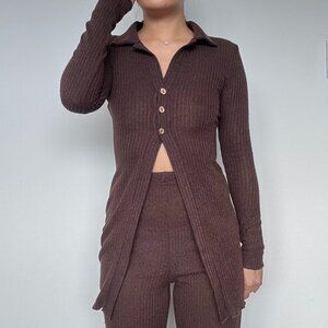 Set Brown Button Up Long Sleeves and High Waist Pants Two Piece Lounge Set